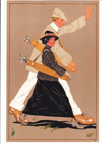 Una impresión de dos golfistas en posturas cómicas y humorísticas, c.1920 de English School