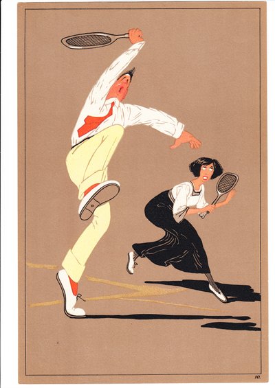 Una impresión de dos jugadores de tenis en posturas cómicas y humorísticas, c.1920 de English School