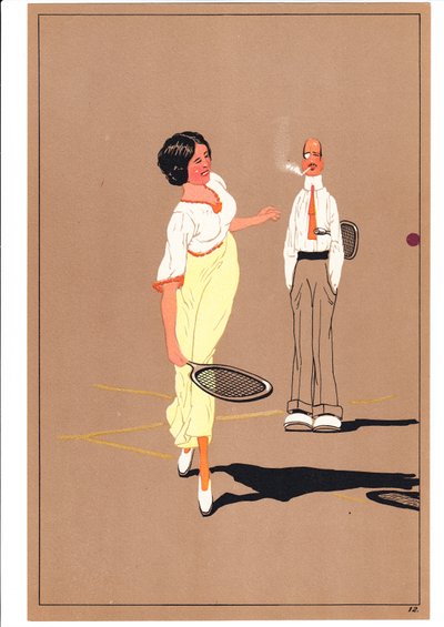 Impresión de dos jugadores de tenis en posturas cómicas y humorísticas, c.1920 de English School