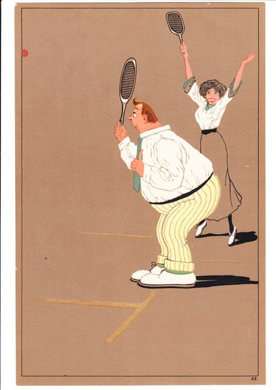 Impresión de dos jugadores de tenis en posturas cómicas y humorísticas, c.1920 de English School