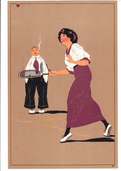 Impresión de dos jugadores de tenis en posturas cómicas y humorísticas, c.1920 de English School