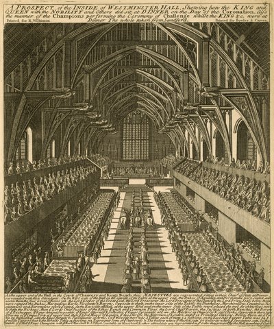 Una perspectiva del interior del Salón de Westminster mostrando cómo el Rey y la Reina, con la nobleza y otros, se sentaron a cenar el día de la Coronación de English School