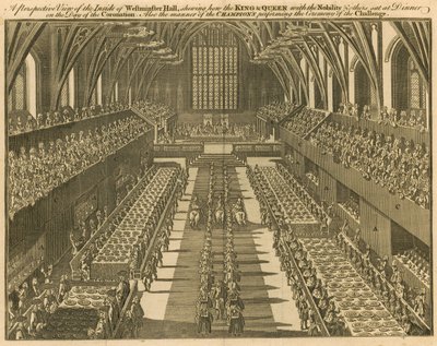 Una perspectiva del interior del Salón de Westminster mostrando cómo el Rey y la Reina, con la nobleza y otros, se sentaron a cenar el día de la Coronación de English School