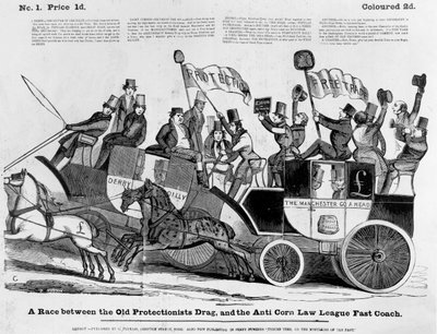 Una carrera entre el viejo carruaje proteccionista y el rápido coche de la Liga Anti-Corn Law de English School