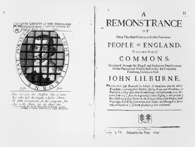 Una protesta de los Niveladores a la Cámara de los Comunes sobre el encarcelamiento de su líder John Lilburne (c.1614-57) publicado en 1646 de English School