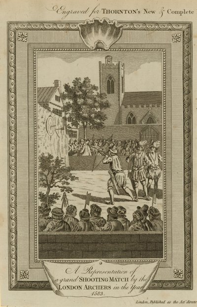 Una representación de un gran concurso de tiro por los arqueros de Londres en el año 1583 de English School