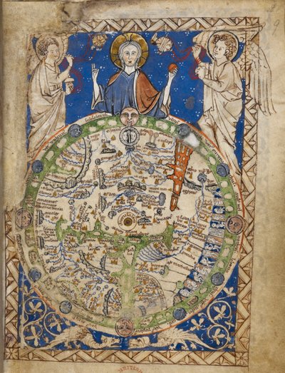 Mapa redondo del mundo, con marco cuadrado ornamental, Jerusalén en el centro, zona de vientos, figuras de habitantes, etc . de English School