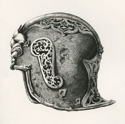 Un sallet, también conocido como salade o casco de guerra schaller, 1450 d.C., de The British Army: Its Origins, Progress and Equipment, publicado en 1868. de English School