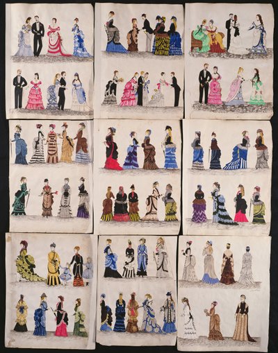 Una selección de modas victorianas, incluyendo vestidos de baile y de paseo, c.1876 de English School