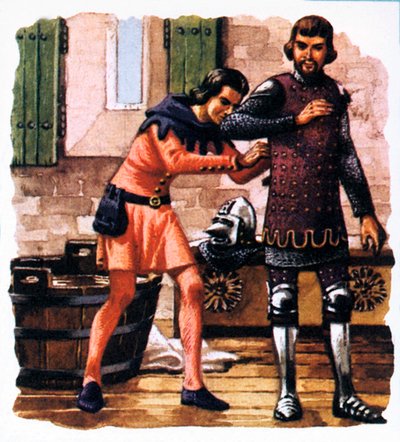 Un escudero mostrando cómo ajusta la armadura del Príncipe Negro antes de la batalla de Crécy de English School