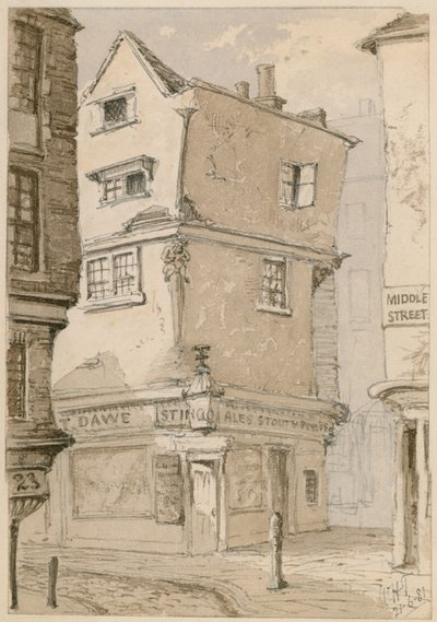 Una esquina de la calle en Cloth Fair, Smithfield, Londres, boceto en acuarela, 1881 de English School