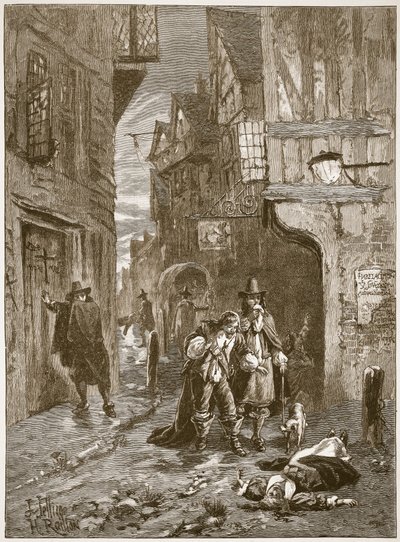 Una calle en Londres durante la Gran Plaga, ilustración de Cassells Illustrated History of England de English School