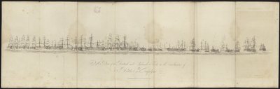 Vista de las flotas británica y combinada al final de la Batalla de Trafalgar de English School
