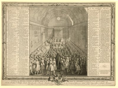 Vista de la Cámara de los Lores, el rey sentado en su trono, los Comunes atendiéndolo al final de la sesión 17412 de English School