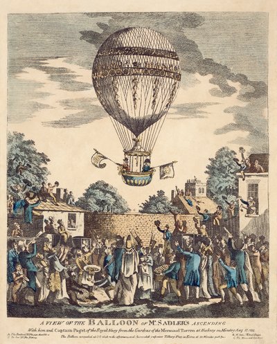 Vista del globo del Sr. Sadler ascendiendo con él y el Capitán Paget de la Marina Real desde los jardines de la Taberna Mermaid en Hackney el lunes 12 de agosto. de English School