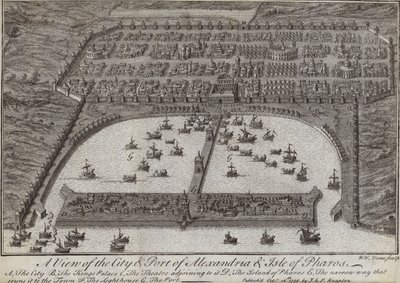 Vista de la ciudad y puerto de Alejandría y la Isla de Pharos, Egipto, 1738 de English School
