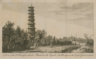 Una vista del desierto con la Alhambra, la Pagoda y la Mezquita en los Jardines Reales de Kew de English School