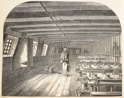 Un pabellón a bordo del casco de la Defensa arreglado para el regreso de los convictos a la cena, ilustración de Las prisiones criminales de Londres y escenas de la vida en prisión de Henry Mayhew y John Binny, pub. 1862 de English School