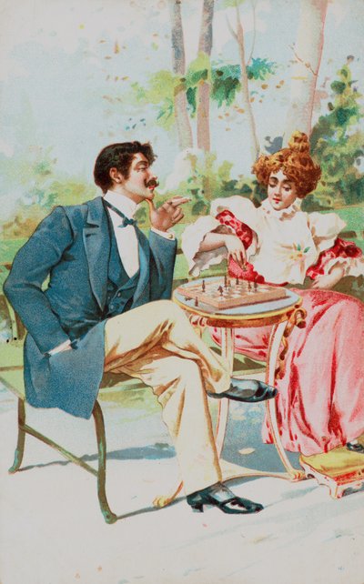 Una pareja bien vestida jugando al ajedrez en un jardín de English School