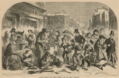 Una escena invernal en las calles de Londres - caliente y frío: un contraste de English School