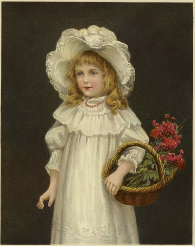 Una niña vestida de blanco sosteniendo una canasta de flores rojas de English School
