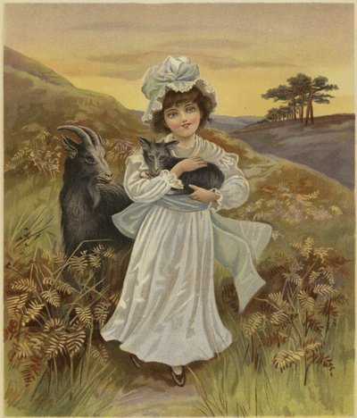 Una niña sosteniendo un cabrito mientras una cabra adulta observa de English School