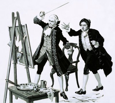 Un joven cortó con una espada un retrato desfavorable de su padre por Hogarth de English School