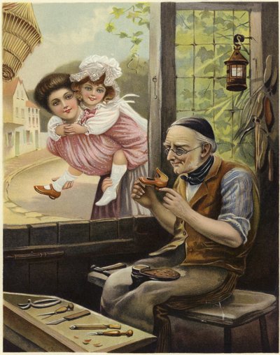 Una joven y una niña pequeña observando a un zapatero trabajando de English School
