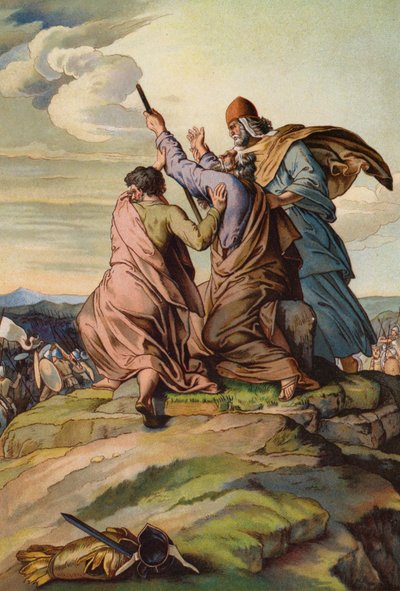 Aarón y Hur levantando las manos de Moisés mientras Josué y los israelitas derrotan a los amalecitas (chromolitho) de English School