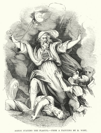 Aarón deteniendo la plaga, de una pintura de B West (grabado) de English School