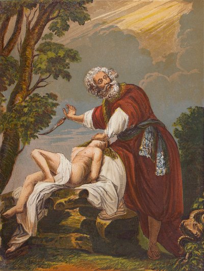 Abraham ofrece a su hijo Isaac en sacrificio (litografía en color) de English School