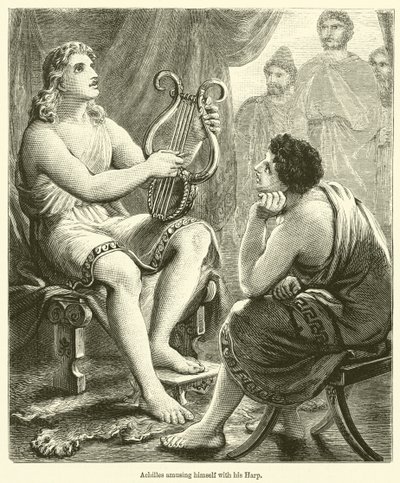 Aquiles divirtiéndose con su arpa (grabado) de English School