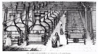 El cobertizo de telares de Ackroyd en Halifax (bienes de estambre) de English School