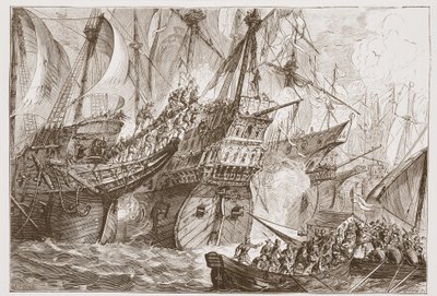 Acción entre la flota española y los barcos de los Mendigos del Mar, ilustración de La Historia del Protestantismo de James Aitken Wylie (1808-1890), pub. 1878 de English School