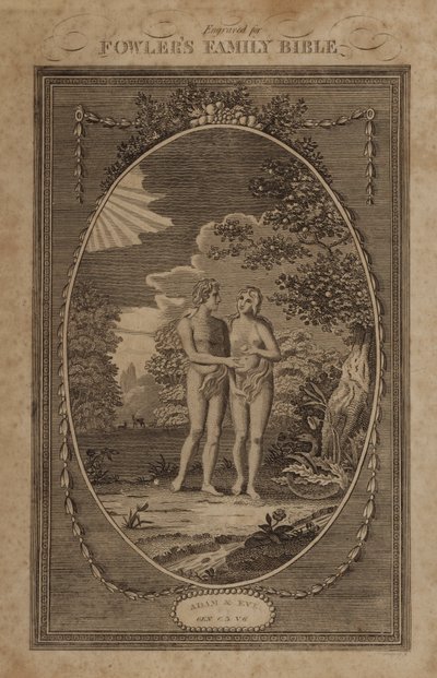 Adán y Eva, Génesis, capítulo 3, versículo 6 (grabado) de English School