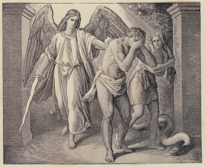 Adán y Eva expulsados del Jardín del Edén (grabado) de English School