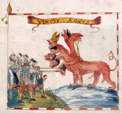 Agregar. 12447, f.23v Soldados parlamentarios atacando a la bestia del Apocalipsis, de 