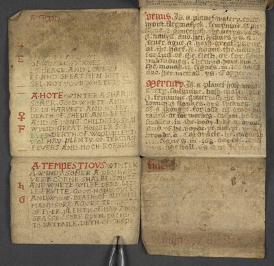Agregar. 17367, f.10r de Almanac, que contiene una tabla de letras dominicales y números áureos; instrucciones para encontrar las fiestas móviles; calendario de santos, épocas, lista de soberanos ingleses, pronósticos del tiempo, influencia de los signos d de English School