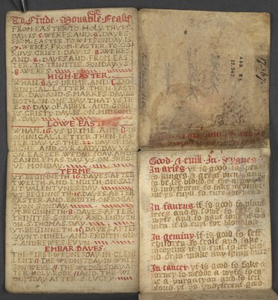 Agregar. 17367, f.1r de Almanac, que contiene una tabla de letras dominicales y números áureos; instrucciones para encontrar las fiestas móviles; calendario de santos, épocas, lista de soberanos ingleses, pronósticos del tiempo, influencia de los signos de de English School