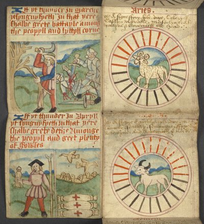Agregar. 17367, f.4r Aries & Taurus, de Almanac, que contiene una tabla de letras dominicales y números áureos; instrucciones para encontrar las fiestas móviles; calendario de santos, épocas, lista de soberanos ingleses, pronósticos del tiempo, influencia  de English School