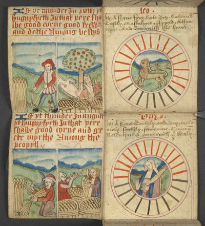 Agregar. 17367, f.6r Leo & Virgo, de Almanac, que contiene una tabla de letras dominicales y números áureos; instrucciones para encontrar las fiestas móviles; calendario de santos, épocas, lista de soberanos ingleses, pronósticos del tiempo, influencia de  de English School