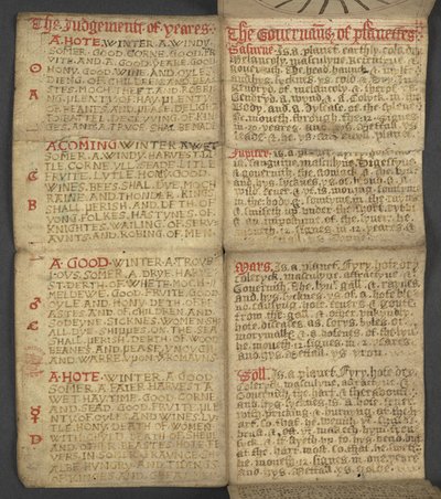 Agregar. 17367, f.9r de Almanac, que contiene una tabla de letras dominicales y números áureos; instrucciones para encontrar las fiestas móviles; calendario de santos, épocas, lista de soberanos ingleses, pronósticos del tiempo, influencia de los signos de de English School