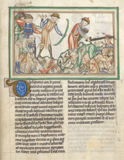 Añadir 35166 f.35 Gente siendo asesinada, escenas bíblicas del Apocalipsis de San Juan, Apocalipsis en latín con comentario (tinta y color sobre vitela) de English School