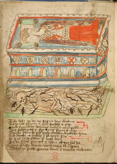 Añadir. 37049, f.32v, Un cadáver femenino yace en un ataúd, se puede ver un esqueleto debajo, de "El desierto de la religión de English School