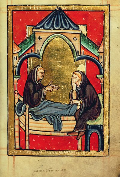 Añadir 39943 f.21 Boisil, prior de Cuthbert en Melrose, en su lecho de muerte, de "Vida y milagros de San Cuthbert" de Bede, latín (Durham) (vitela) de English School