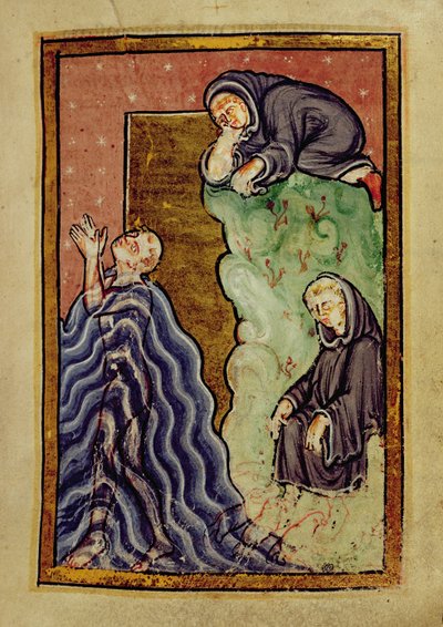 Añadir 39943 f.24 San Cuthbert rezando en el mar observado por un monje, y con los pies secos por las nutrias marinas, de "Vida y milagros de San Cuthbert" de Bede, latín (Durham) (vitela) de English School