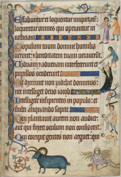 Añadir. 42130 , f.169, Salmo 93, escenas de asesinato, del "Salterio de Luttrell", c.1325-35 (vitela) de English School