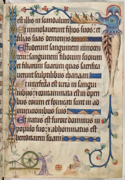 Agregar. 42130, f.193, Salmo 105, Mujeres hilando y cardando lana, de 