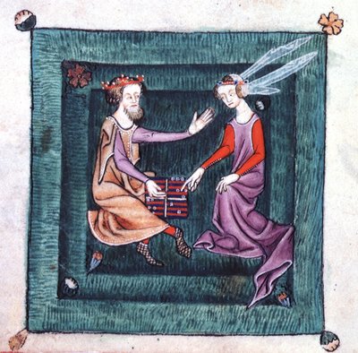 Add 42130 fol.76v Un rey y una dama sentados en un jardín, jugando un juego de mesa parecido al backgammon, del Salterio de Luttrell, iniciado antes de 1340 para Sir Geoffrey Luttrell (vitela) de English School