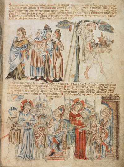 Agregar. 47682, f.30, Judas devuelve las treinta piezas de plata; la muerte de Judas; Cristo ante Pilato y ante Herodes, del Libro ilustrado de la Biblia de Holkham, c.1320-30 (vitela) de English School
